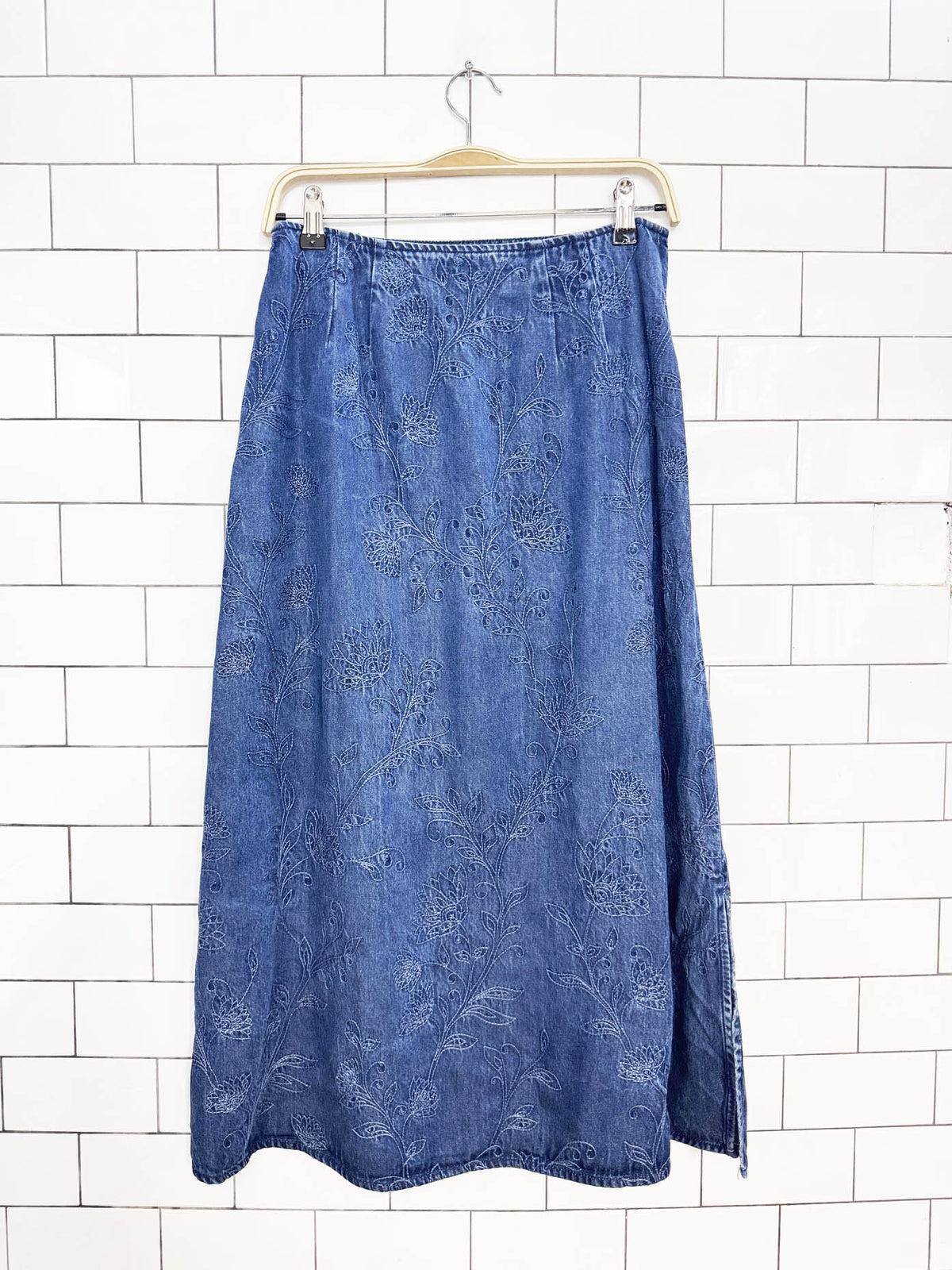 vintage 90s talbots embroidered floral denim maxi skirt