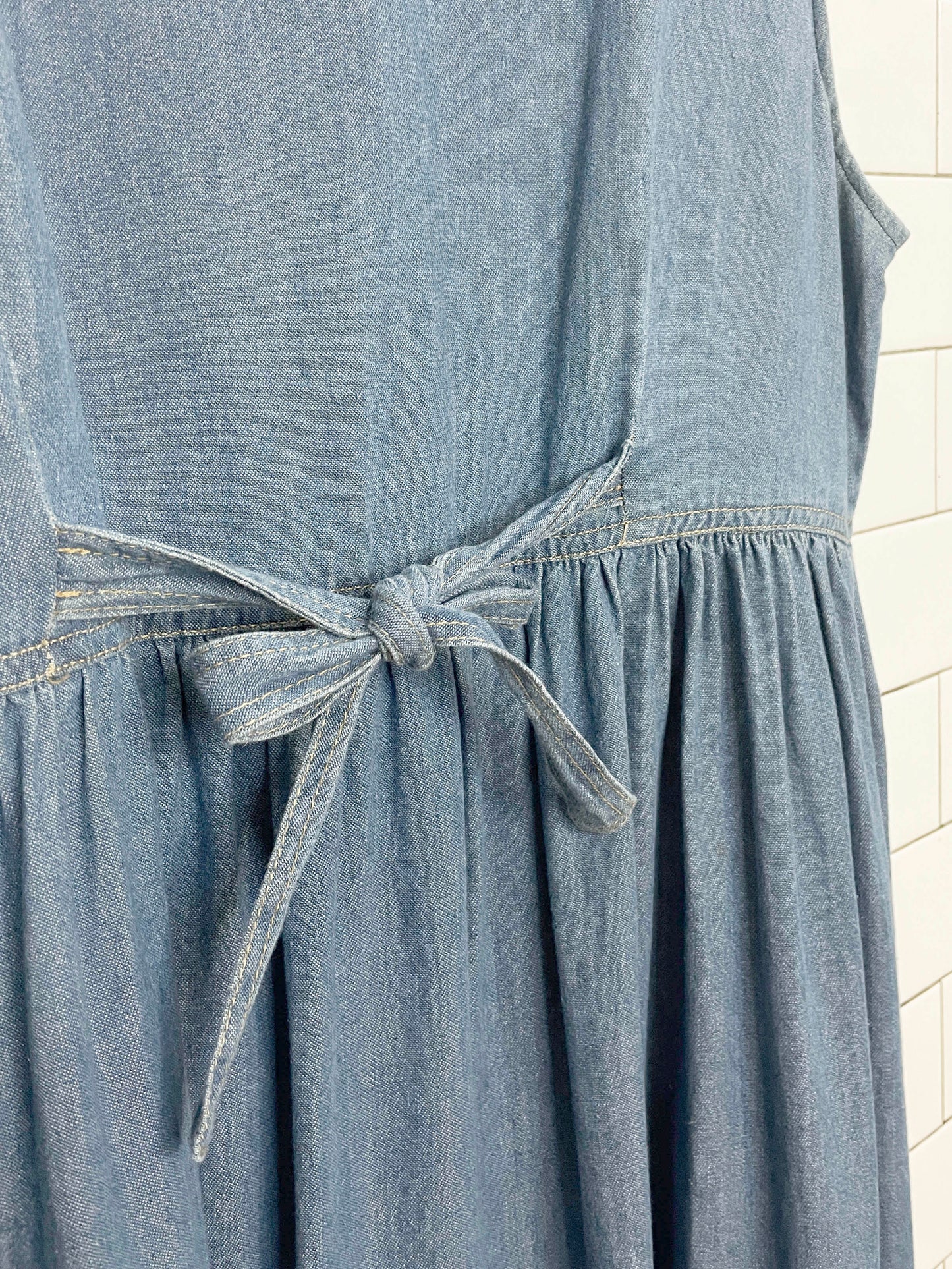vintage 90s true blue crochet collar full button chambray denim maxi dress
