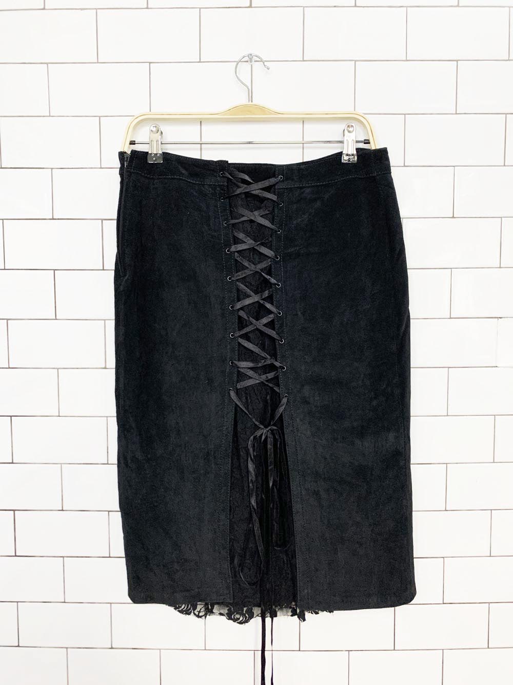 vintage danier soft suede corset back lace trim knee-length skirt