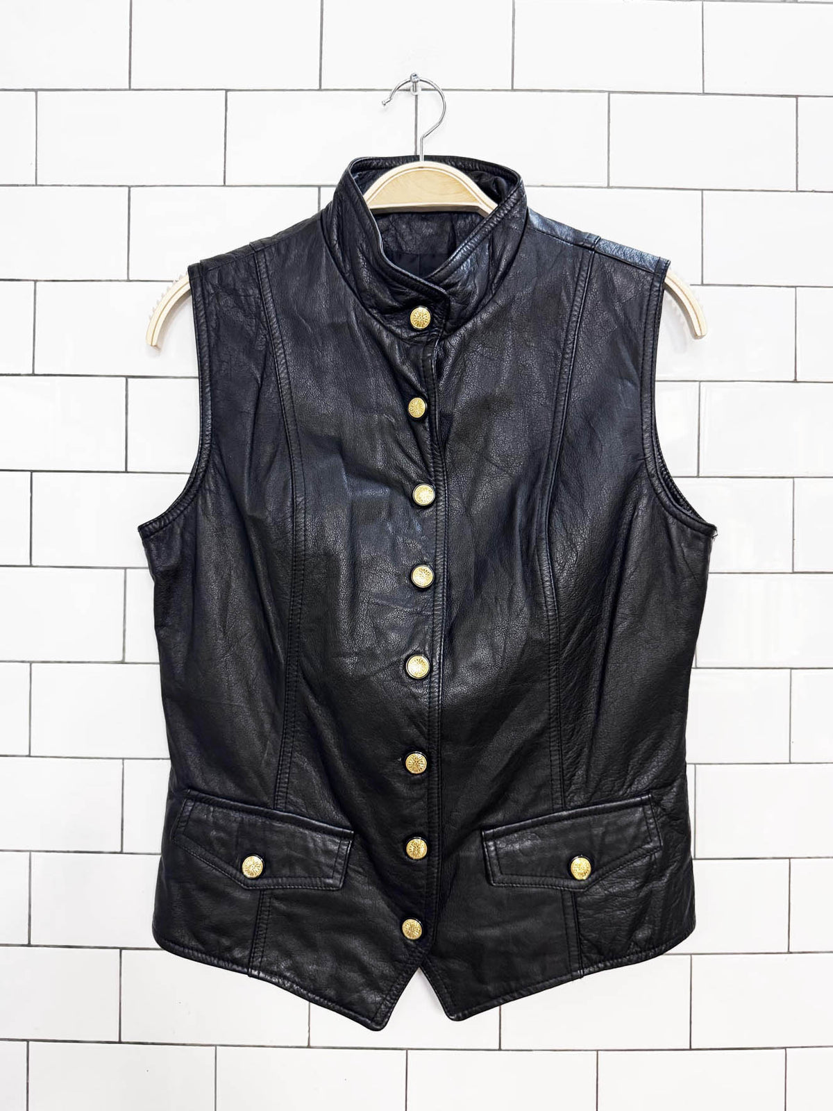 vintage 90s wilsons leather gold snap button fitted vest top