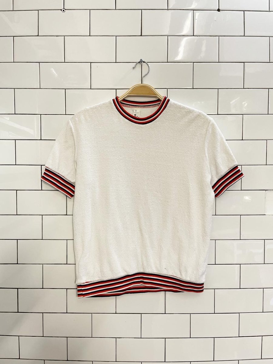 vintage 70s scrambler terry tee with stripe knit trim - good market thrift store