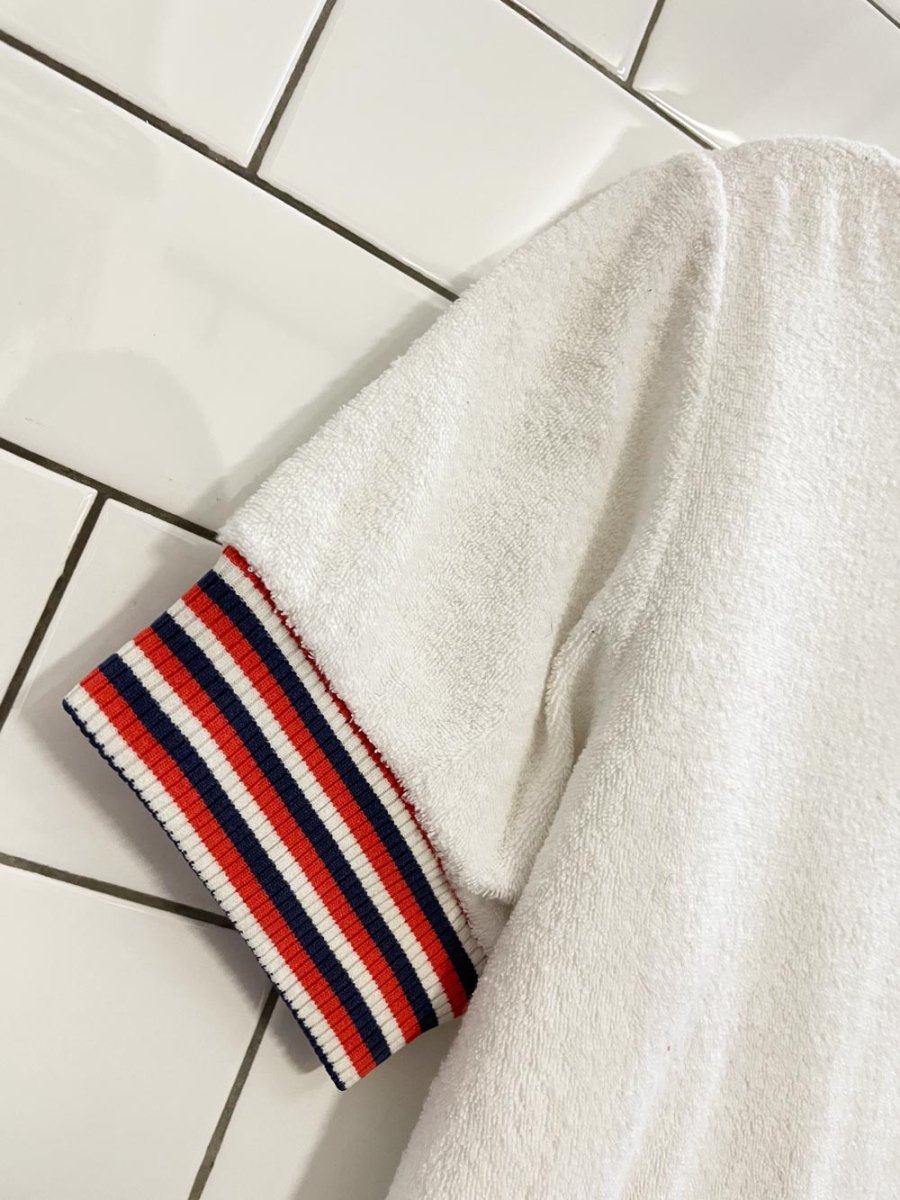 vintage 70s scrambler terry tee with stripe knit trim - good market thrift store