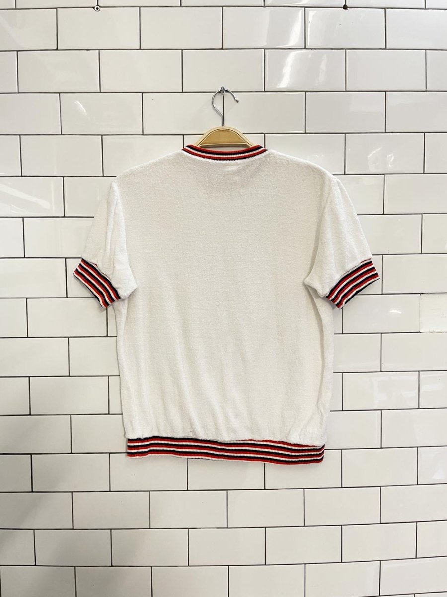 vintage 70s scrambler terry tee with stripe knit trim - good market thrift store