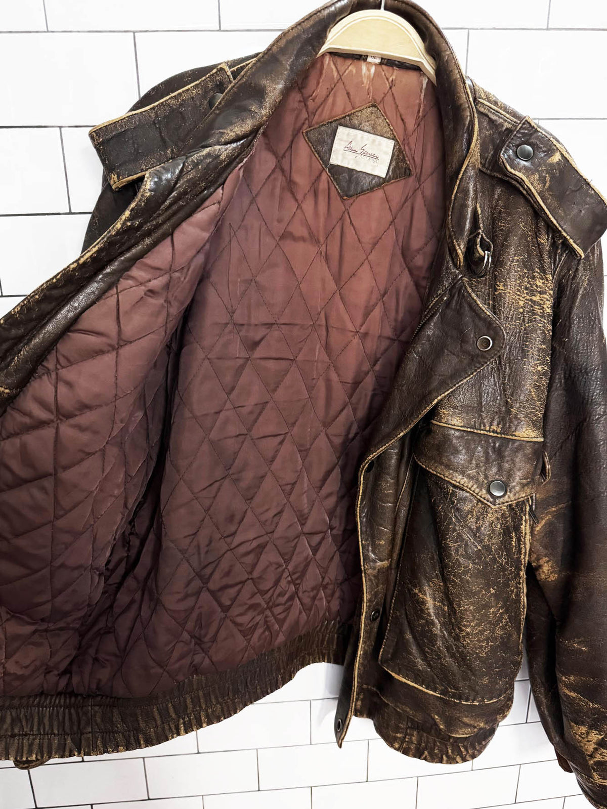 vintage adam spencer distressed leather utility bomber jacket