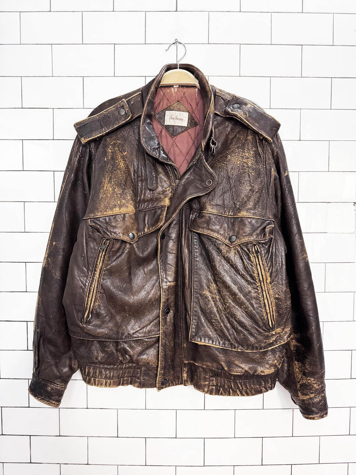 vintage adam spencer distressed leather utility bomber jacket
