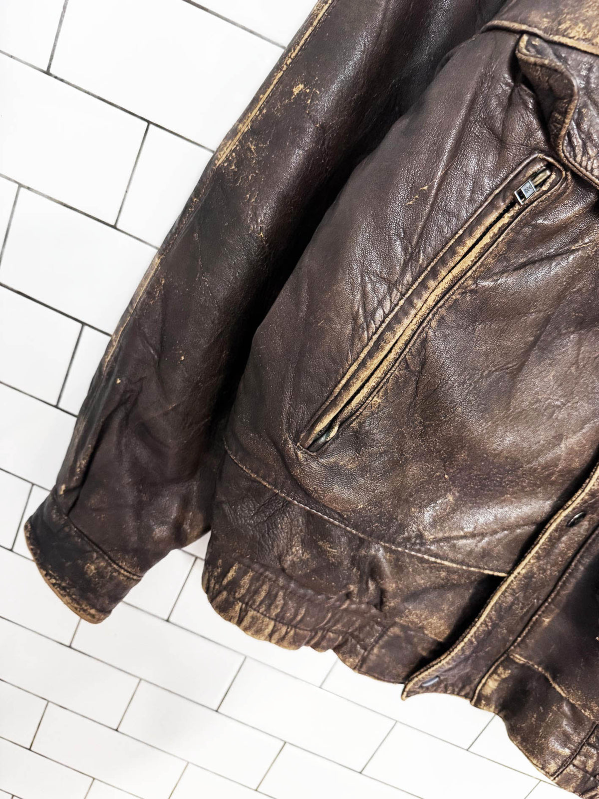 vintage adam spencer distressed leather utility bomber jacket