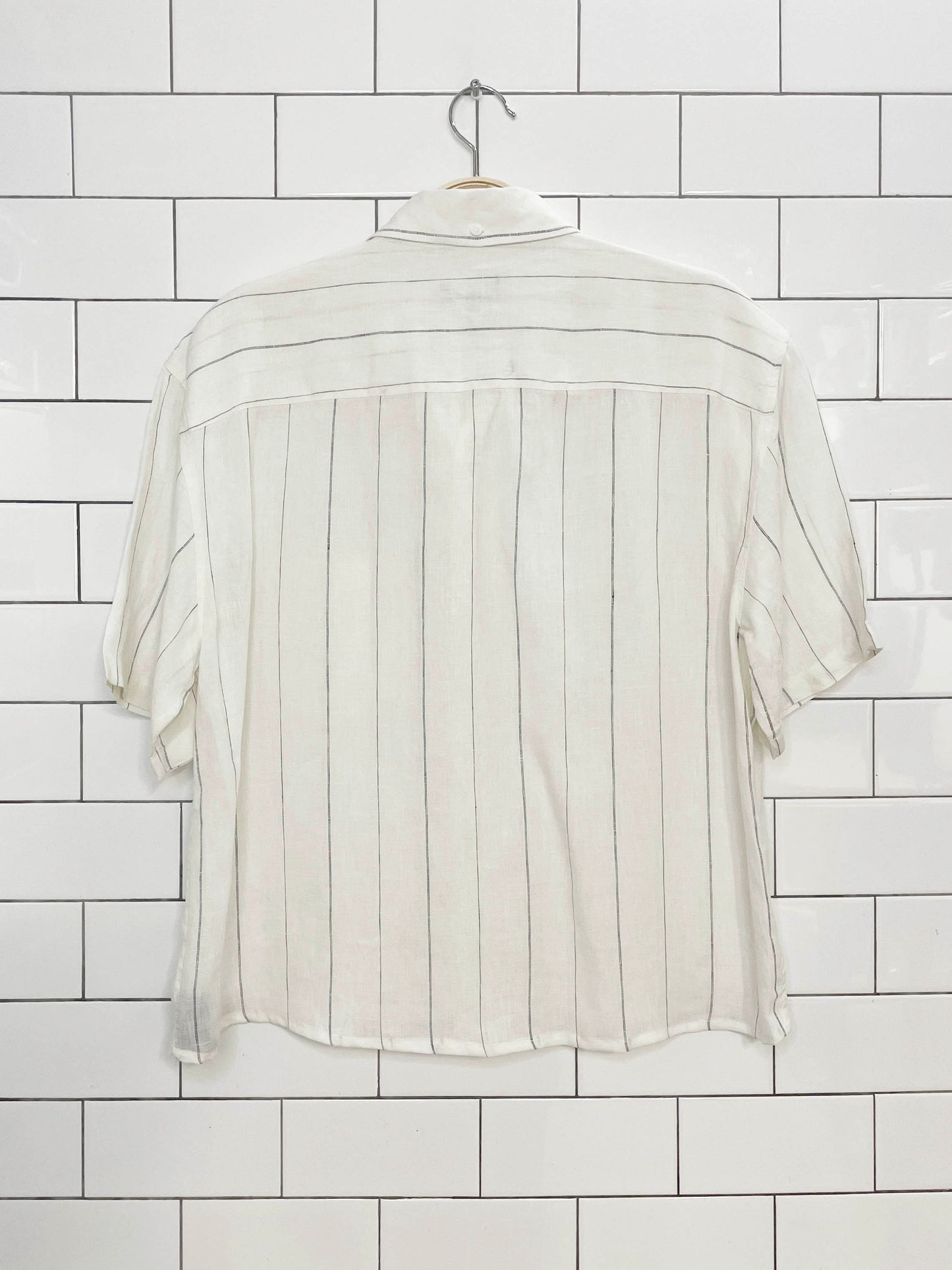 club monaco 100% linen pinstripe boxy crop shirt | made in India