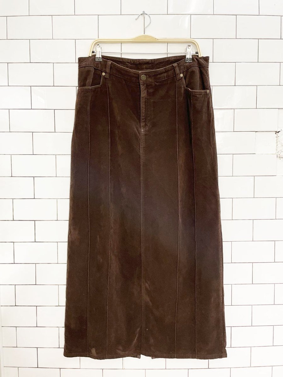 y2k point zero faux suede panelled maxi skirt - good market thrift store