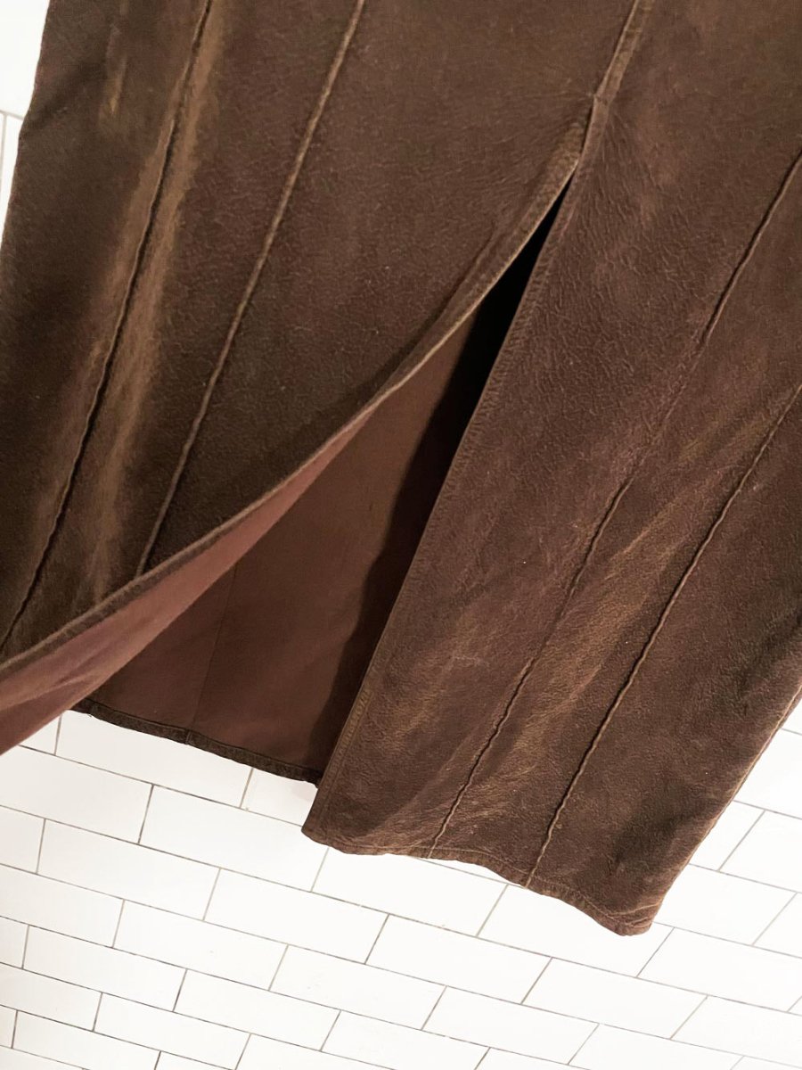 y2k point zero faux suede panelled maxi skirt - good market thrift store