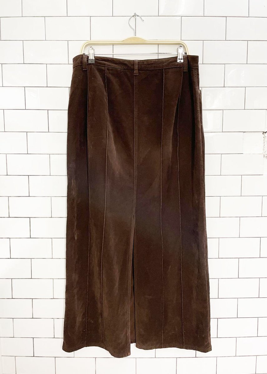 y2k point zero faux suede panelled maxi skirt - good market thrift store