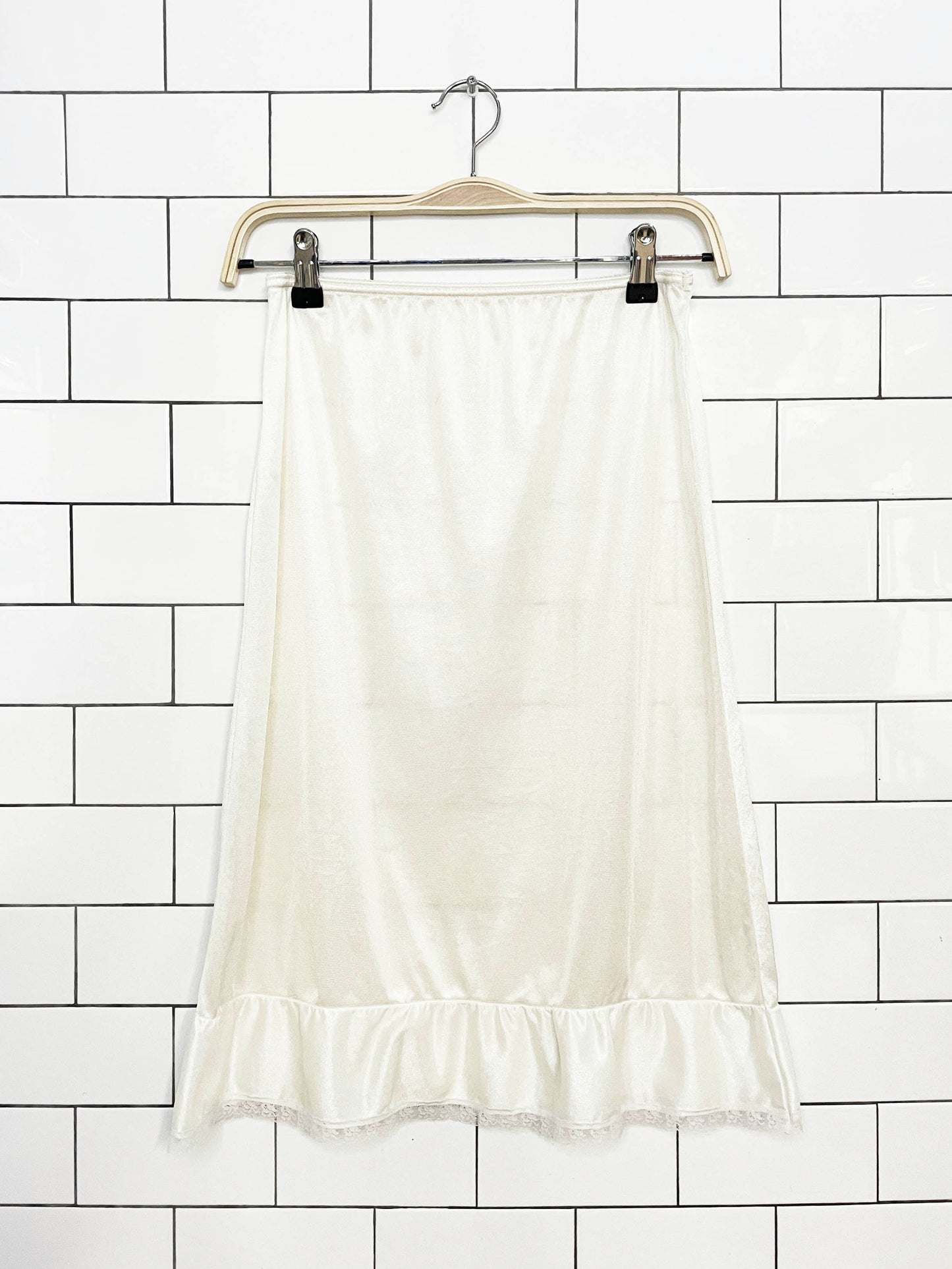 vintage 90s lace trim ruffle hem sateen slip midi skirt | made in USA