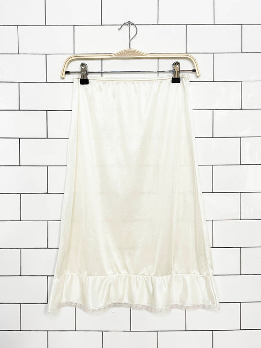 vintage 90s lace trim ruffle hem sateen slip midi skirt | made in USA