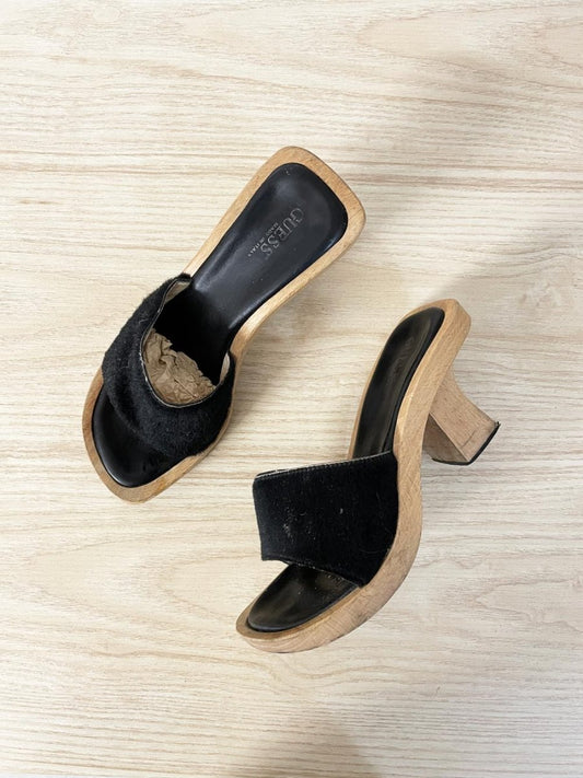 y2k guess calf hair wood clog heeled sandals - good market thrift store