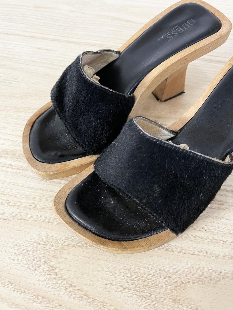 y2k guess calf hair wood clog heeled sandals - good market thrift store