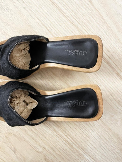 y2k guess calf hair wood clog heeled sandals - good market thrift store