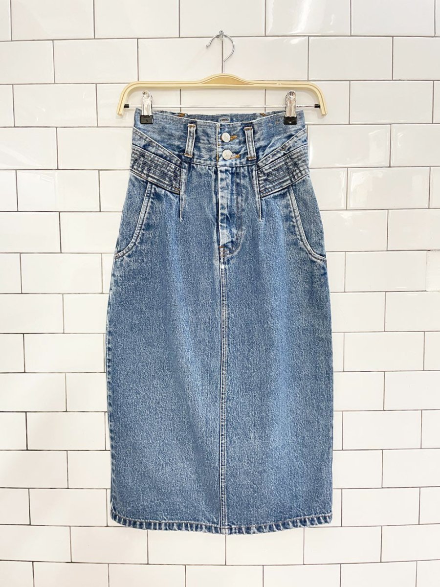 vintage 80s jordache high rise denim midi skirt - good market thrift store