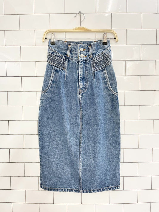 vintage 80s jordache high rise denim midi skirt - good market thrift store