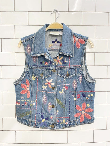 y2k susan bristol embroidered flowers denim vest top - good market thrift store