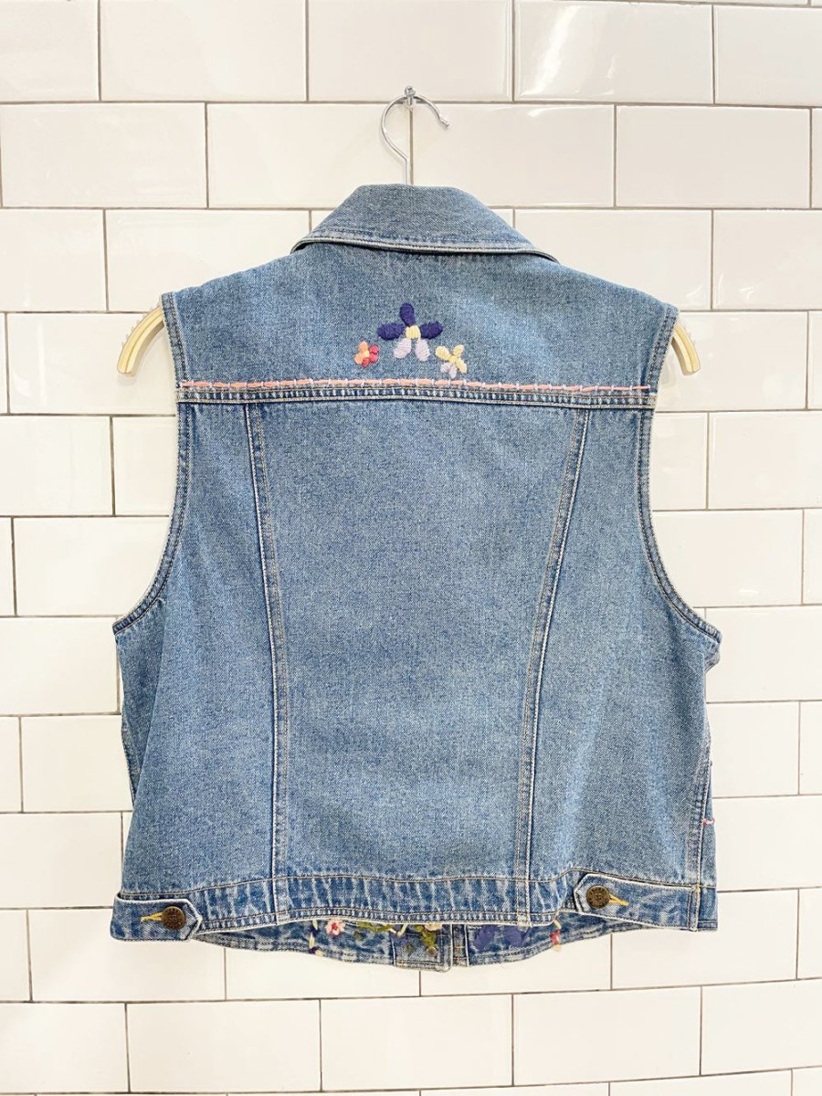 y2k susan bristol embroidered flowers denim vest top - good market thrift store