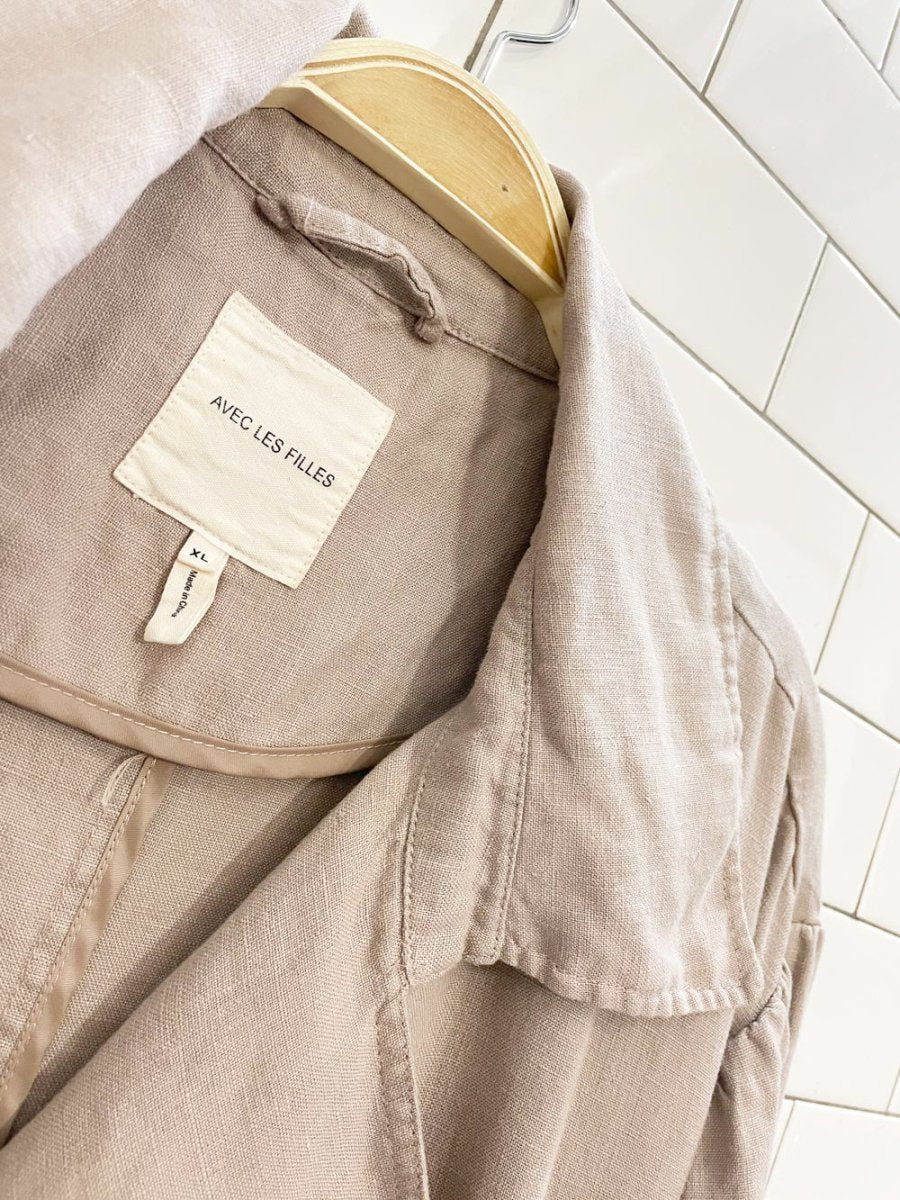 avec les filles 100% linen balloon sleeve trench coat | lagenlook | anthropologie - good market thrift store