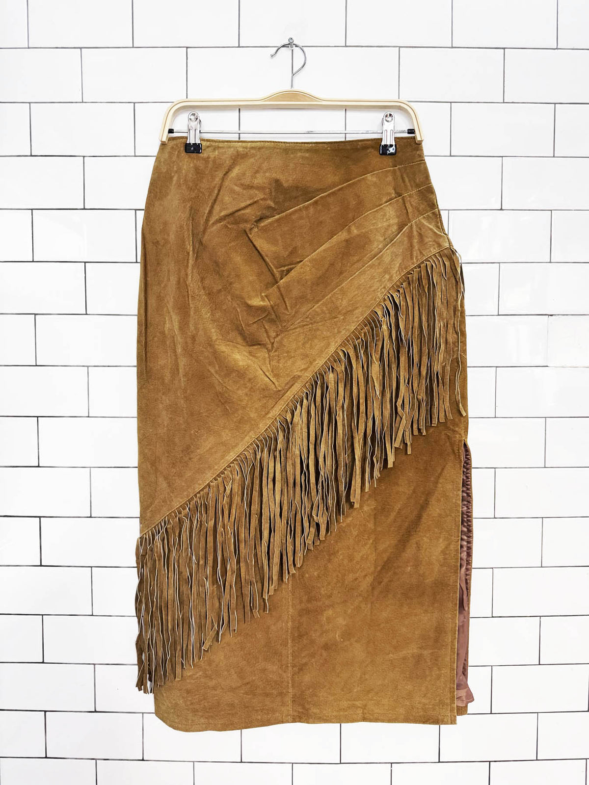 vintage wear on earth suede fringe ruched side midi skirt brown