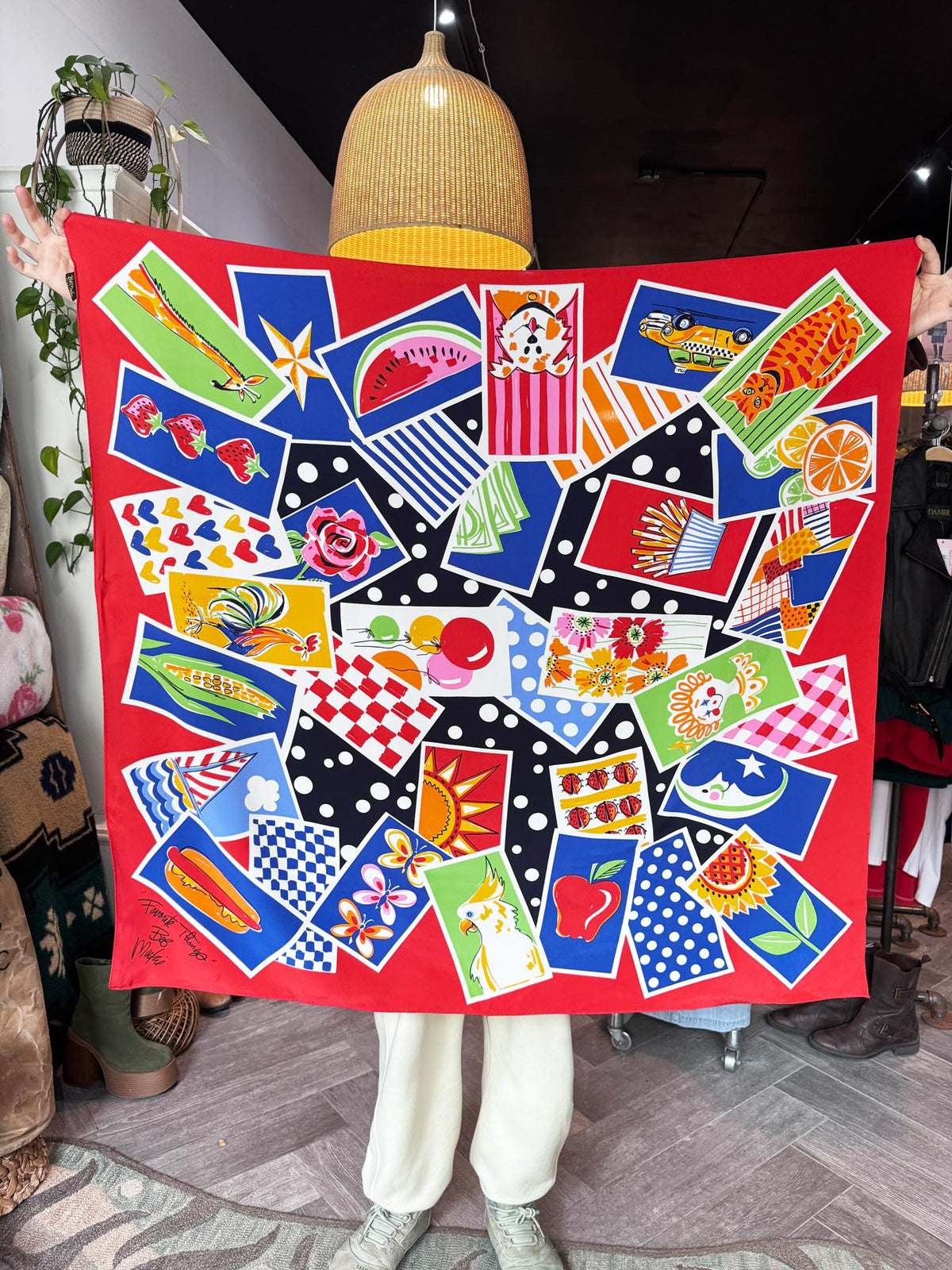 vintage bob mackie 100% silk "favourite things" xl square scarf | wearable art