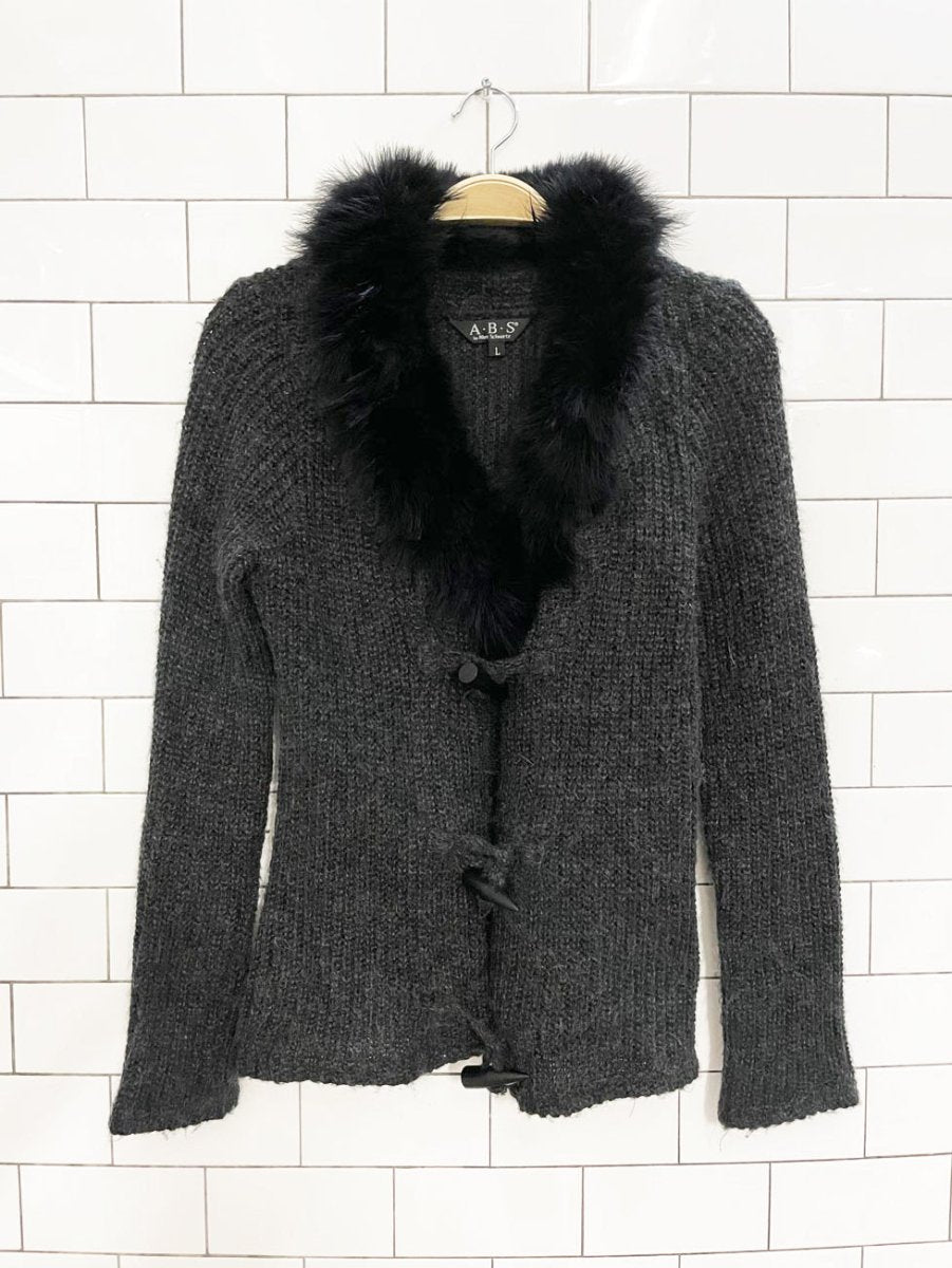y2k ABS allen schwartz mohair knit cardigan with ostrich feather collar - good market thrift store