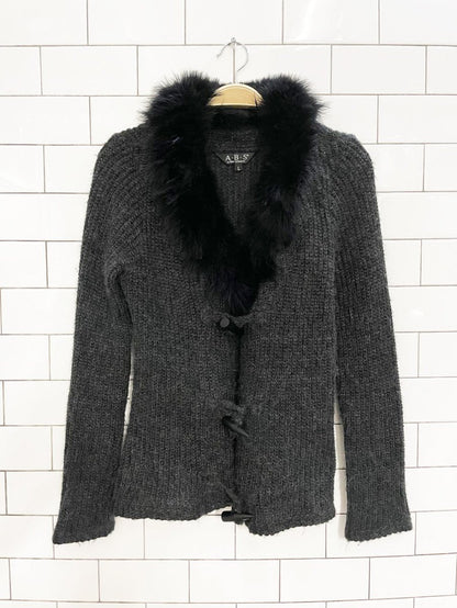 y2k ABS allen schwartz mohair knit cardigan with ostrich feather collar - good market thrift store