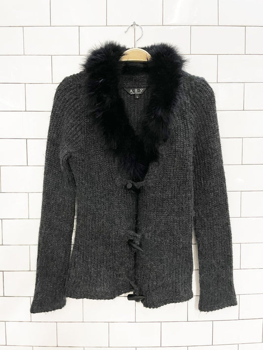 y2k ABS allen schwartz mohair knit cardigan with ostrich feather collar - good market thrift store