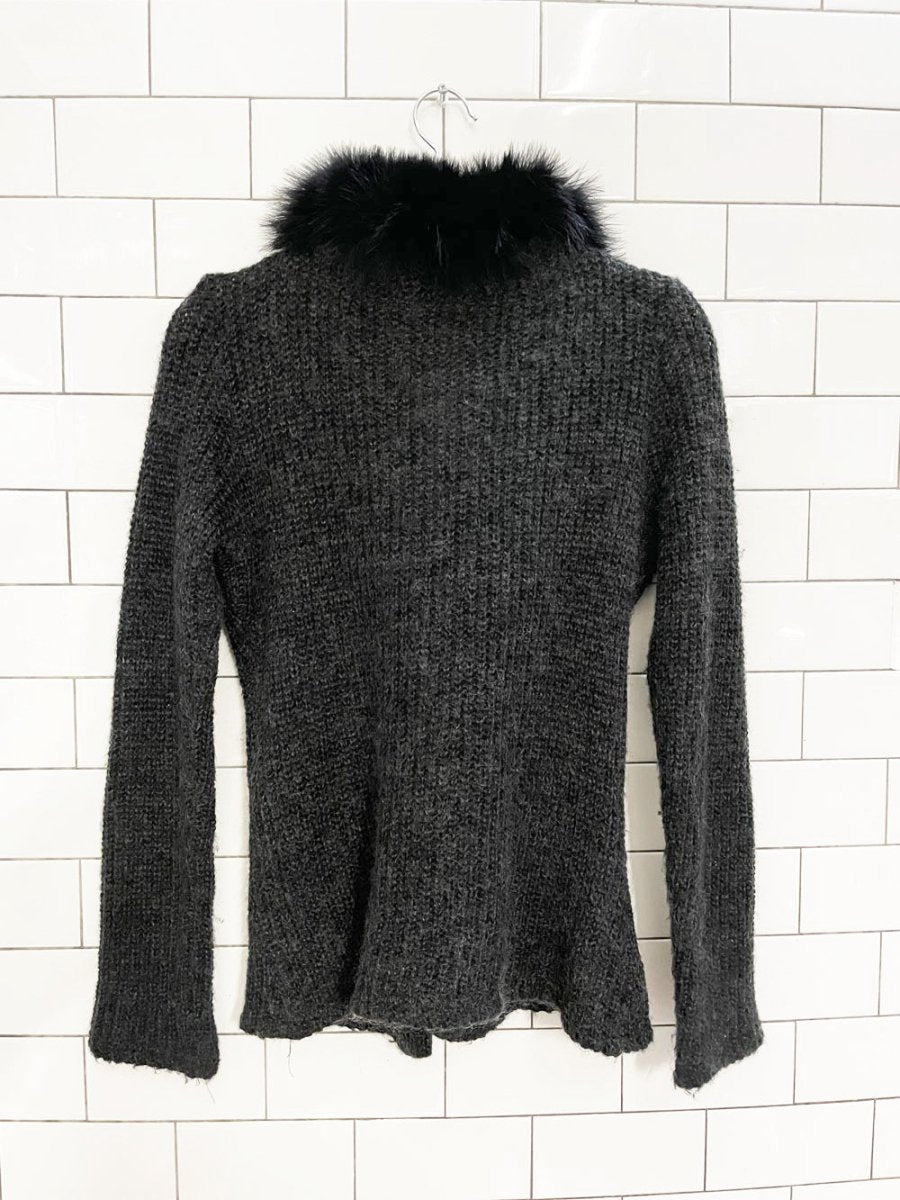 y2k ABS allen schwartz mohair knit cardigan with ostrich feather collar - good market thrift store