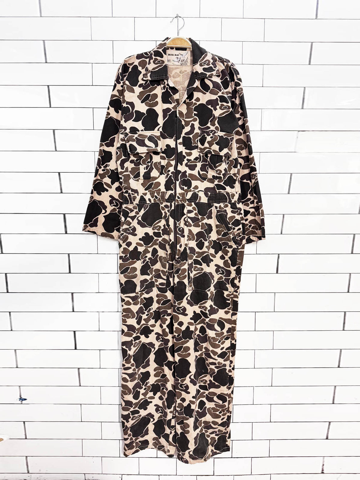 vintage 90s duck bay camo duck canvas utility coveralls