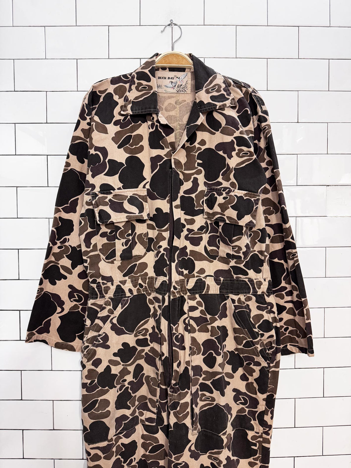 vintage 90s duck bay camo duck canvas utility coveralls