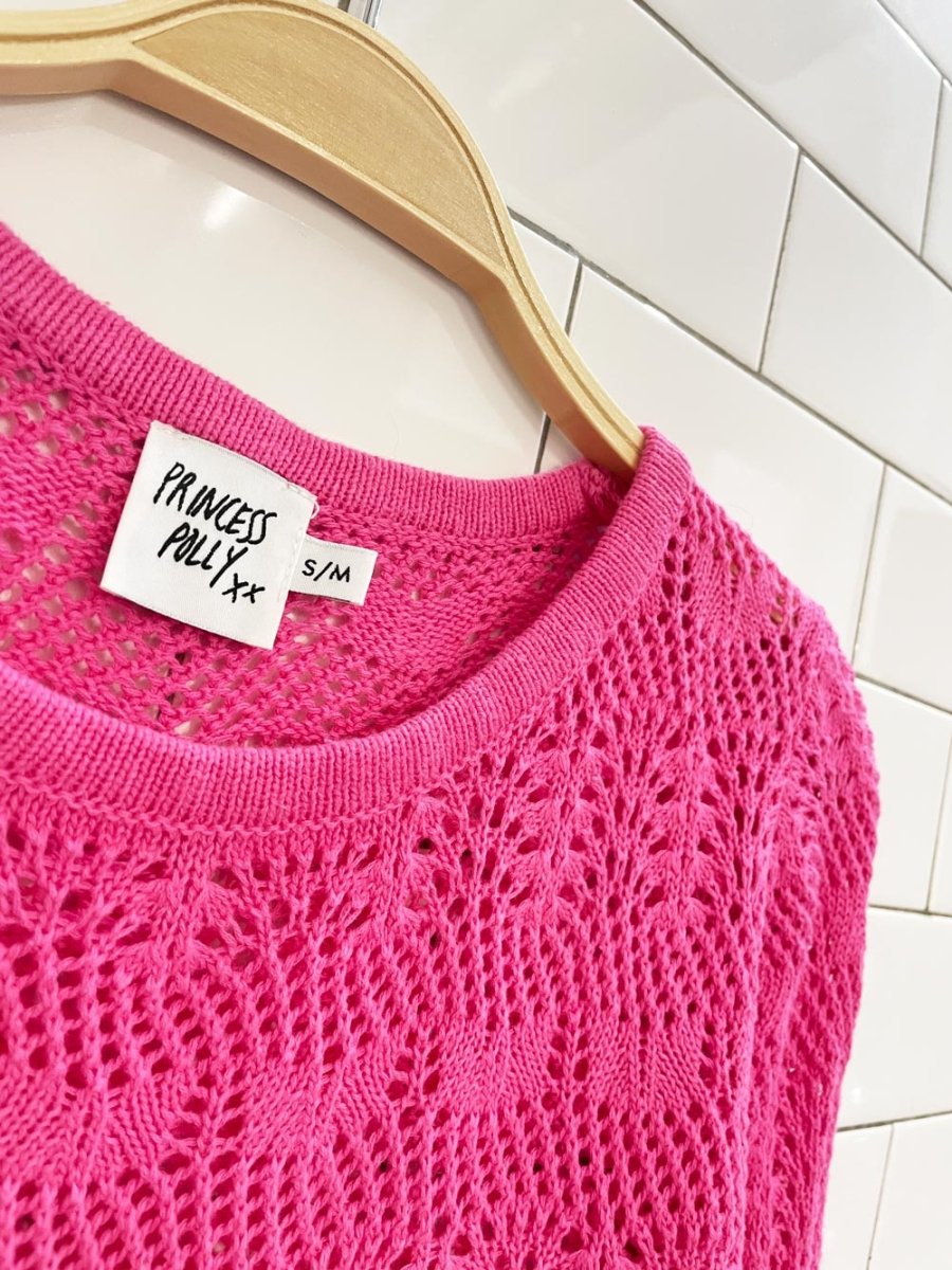 princess polly leah crochet knit crop flare sleeve top - good market thrift store