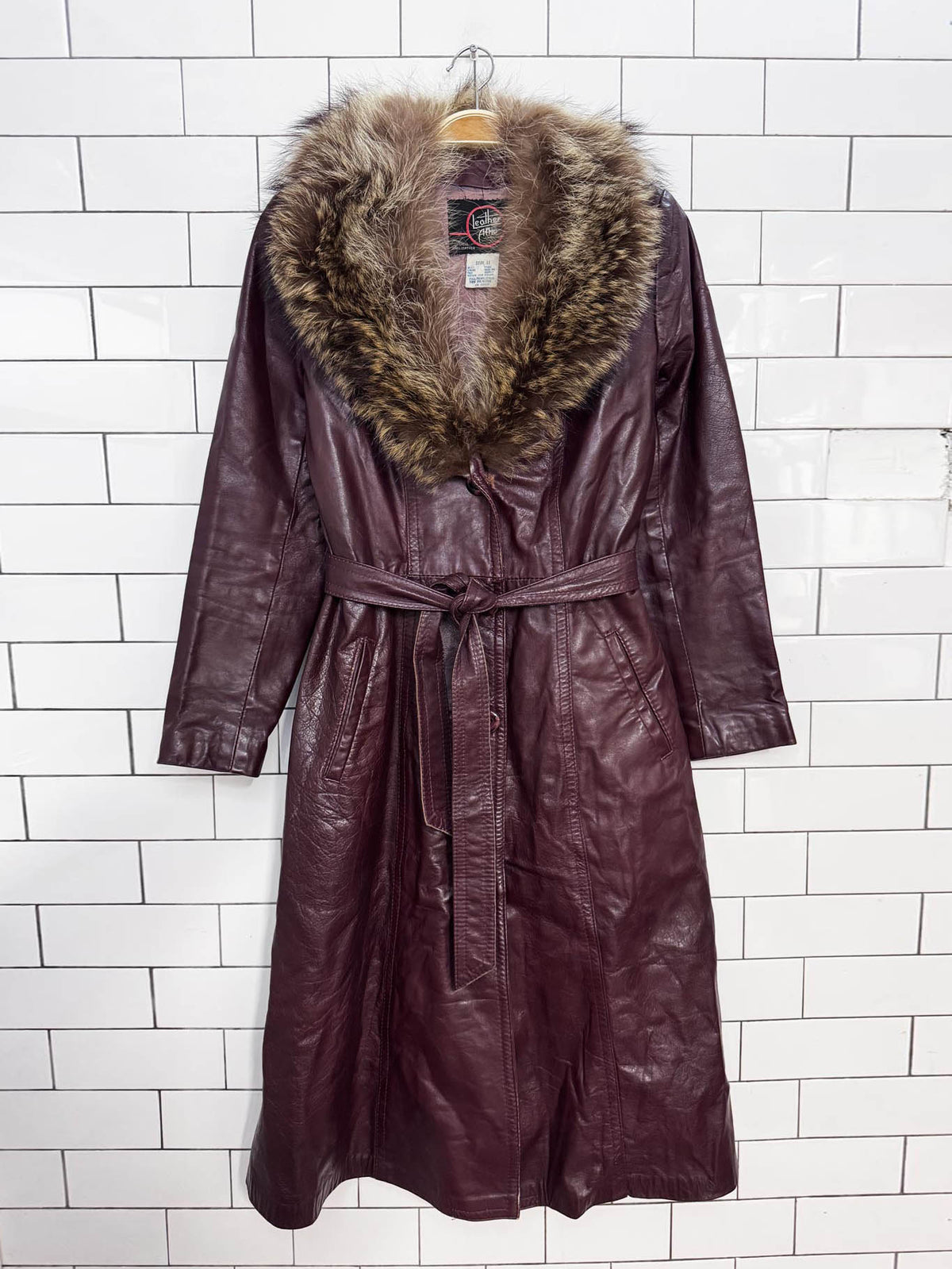 vintage leather attic real fur collar belted leather jacket