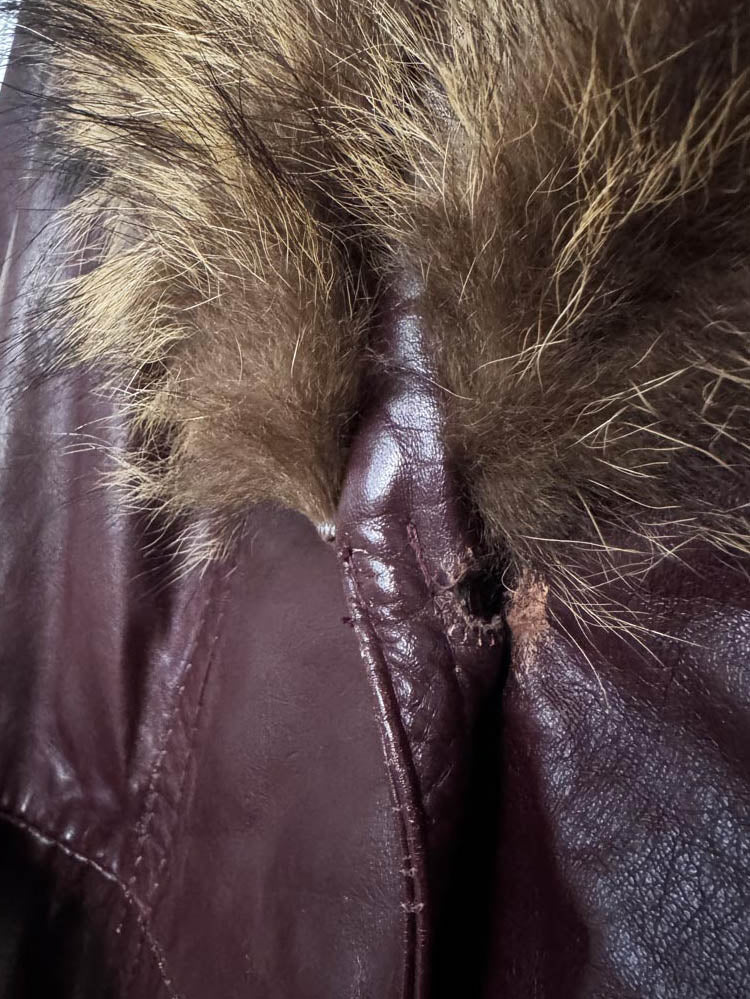 vintage leather attic real fur collar belted leather jacket