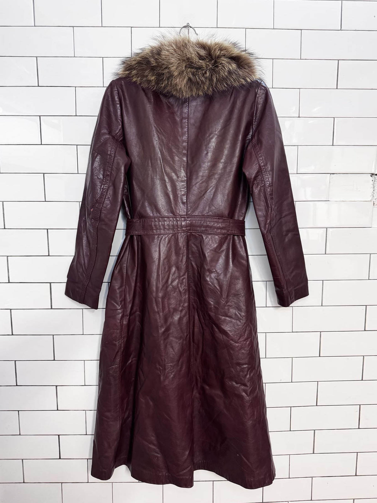 vintage leather attic real fur collar belted leather jacket