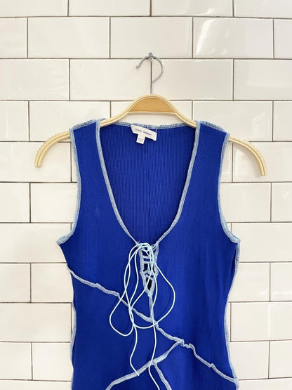 cherry mellow contrast stitch lace up romper - good market thrift store