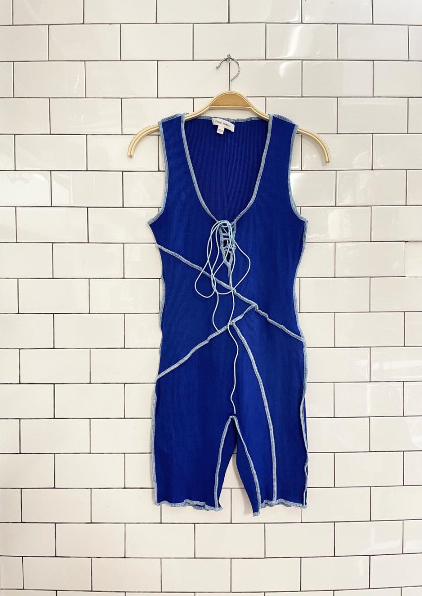 cherry mellow contrast stitch lace up romper - good market thrift store