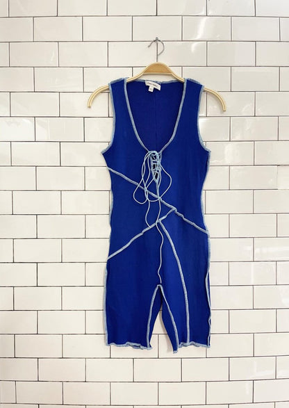 cherry mellow contrast stitch lace up romper - good market thrift store