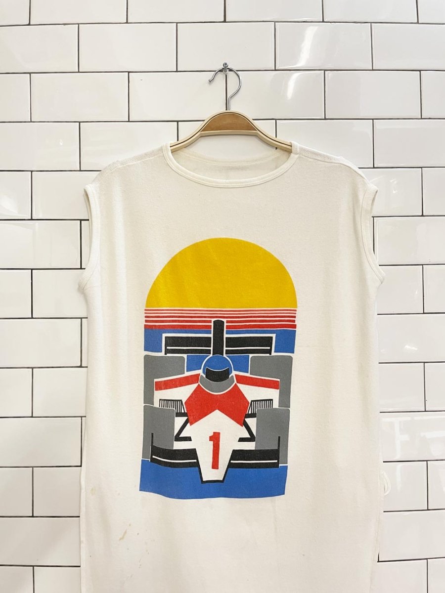 vintage 80s formula 1 racing long bib - good market thrift store