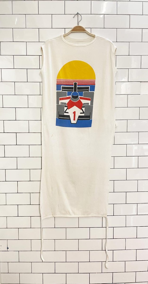 vintage 80s formula 1 racing long bib - good market thrift store