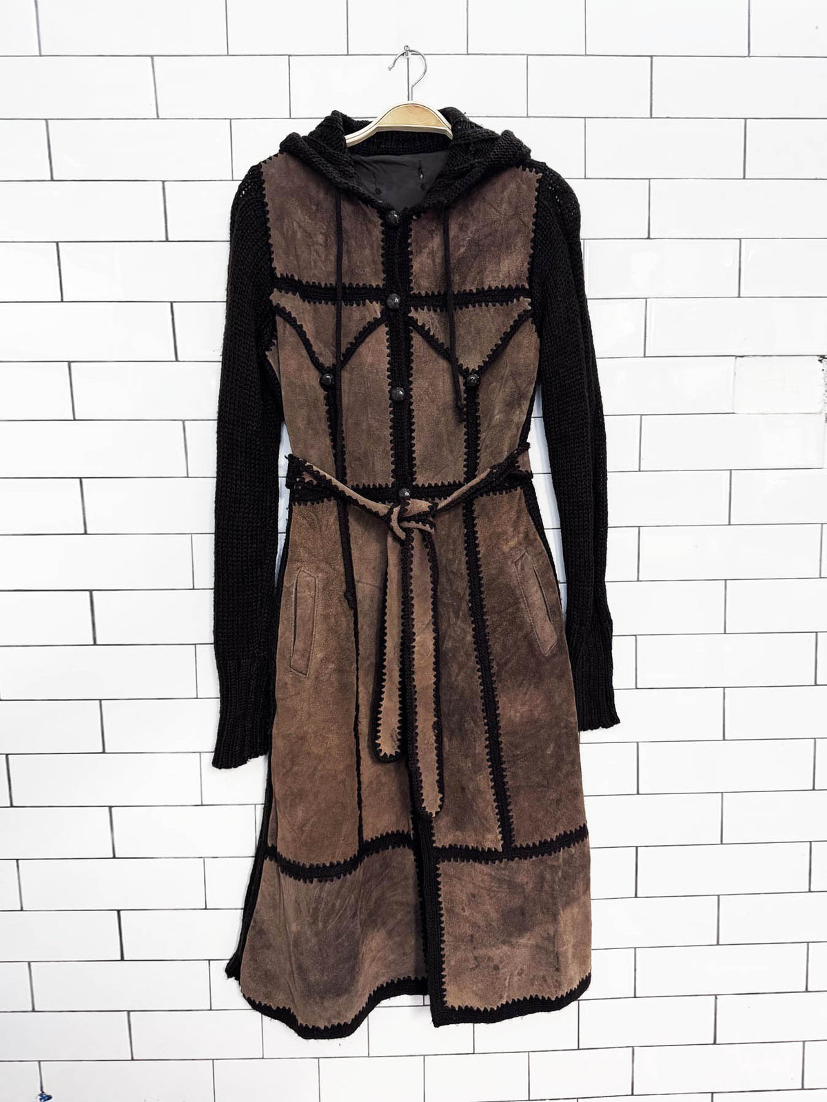 vintage 70s boho patchwork suede hooded knit belted duster jacket