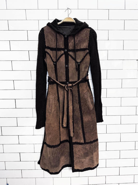 vintage 70s boho patchwork suede hooded knit belted duster jacket