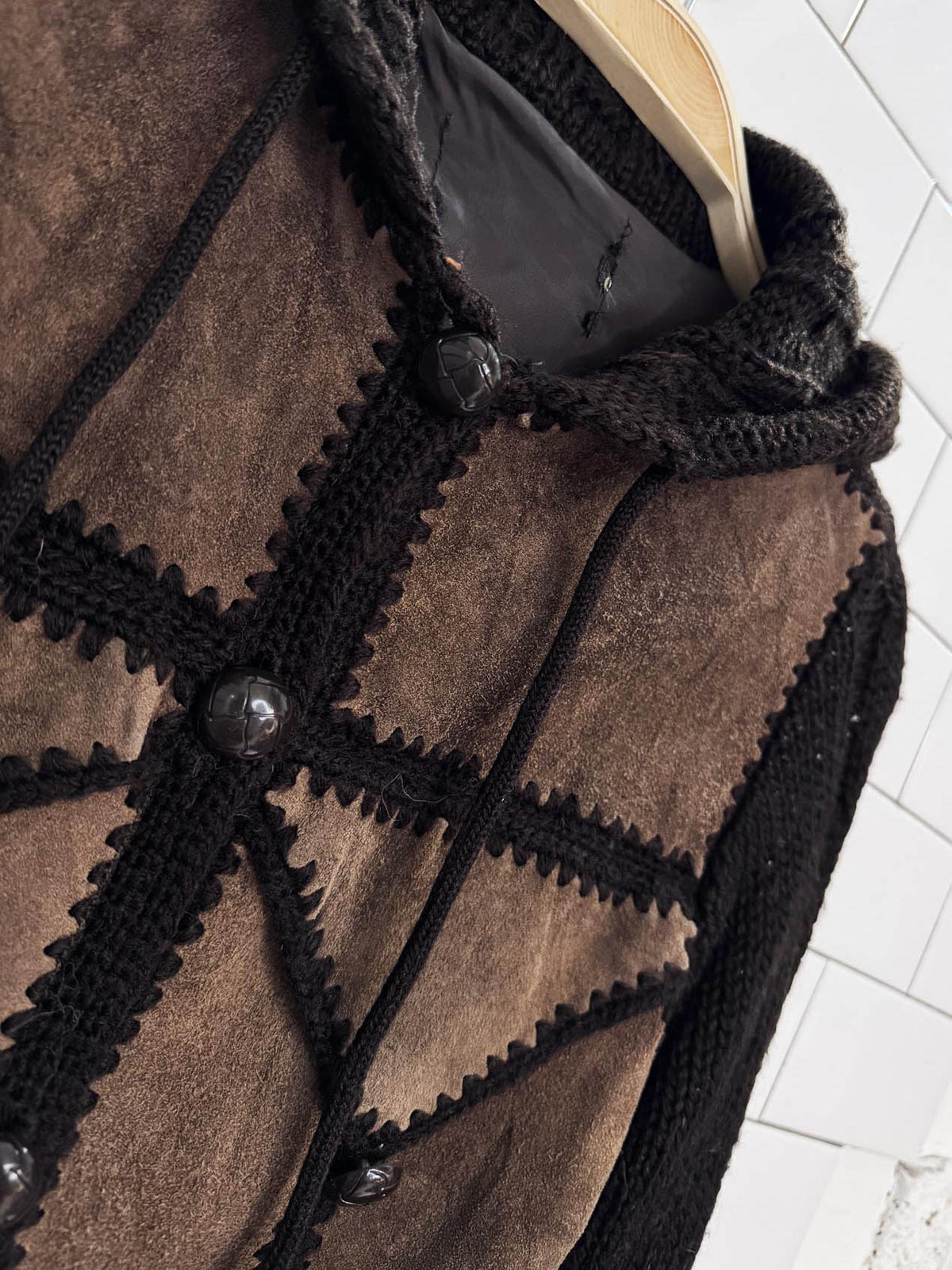 vintage 70s boho patchwork suede hooded knit belted duster jacket