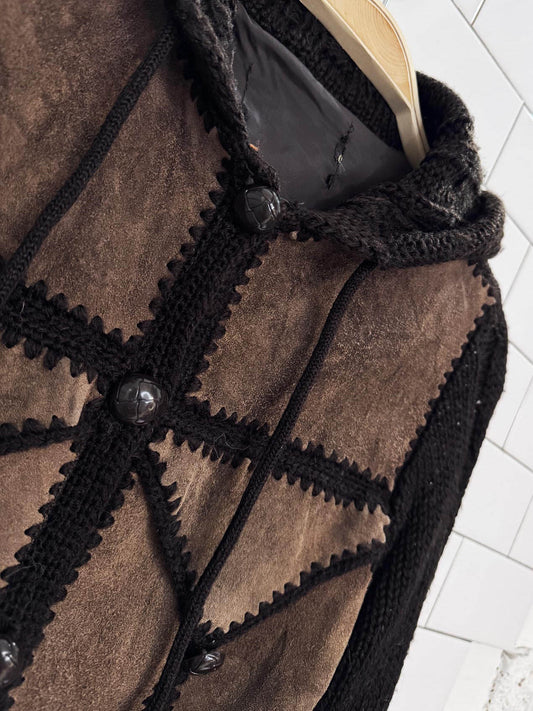 vintage 70s boho patchwork suede hooded knit belted duster jacket