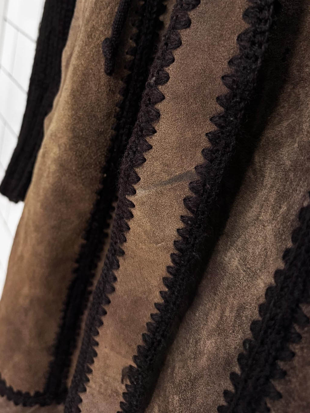 vintage 70s boho patchwork suede hooded knit belted duster jacket