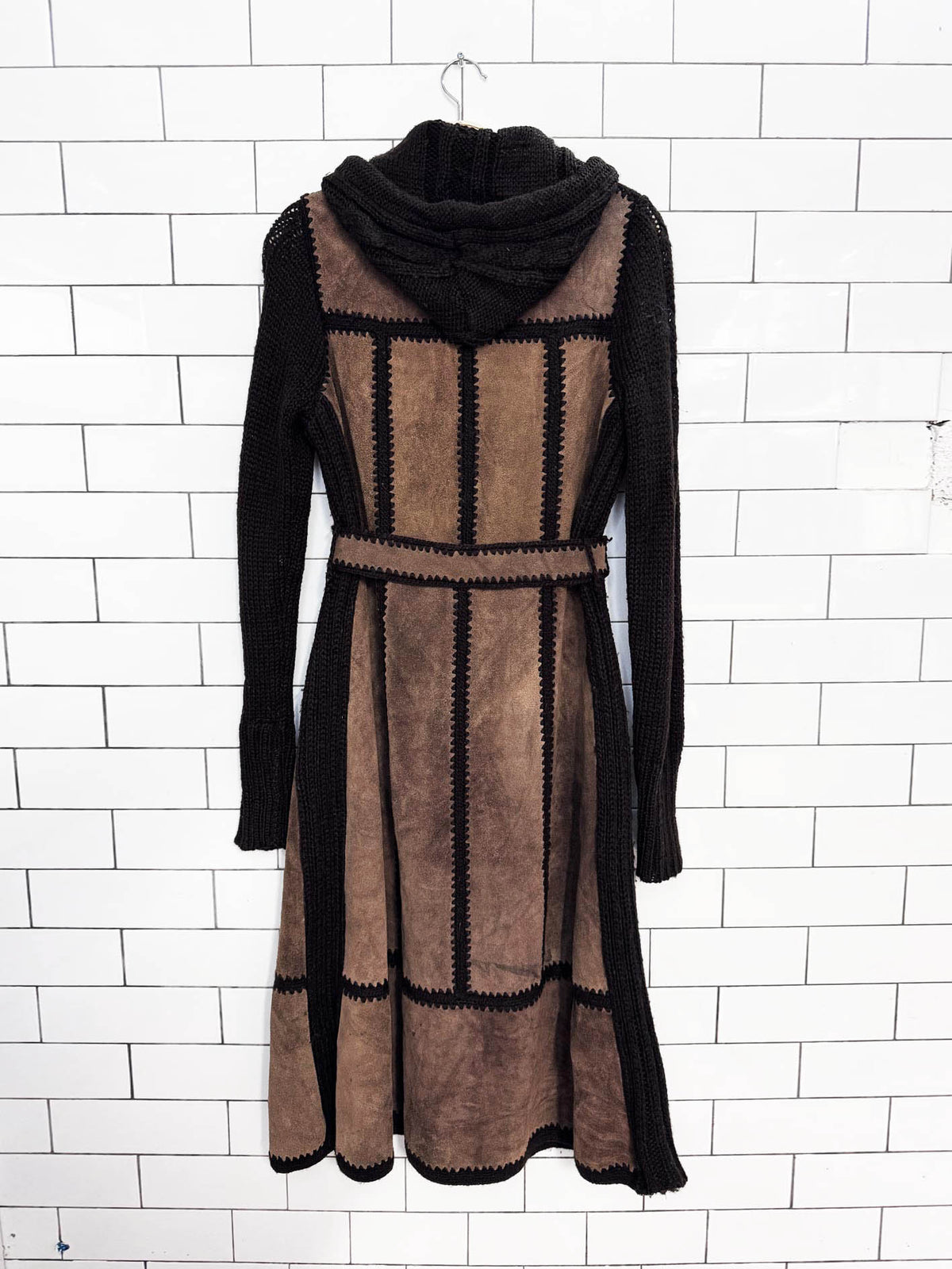 vintage 70s boho patchwork suede hooded knit belted duster jacket