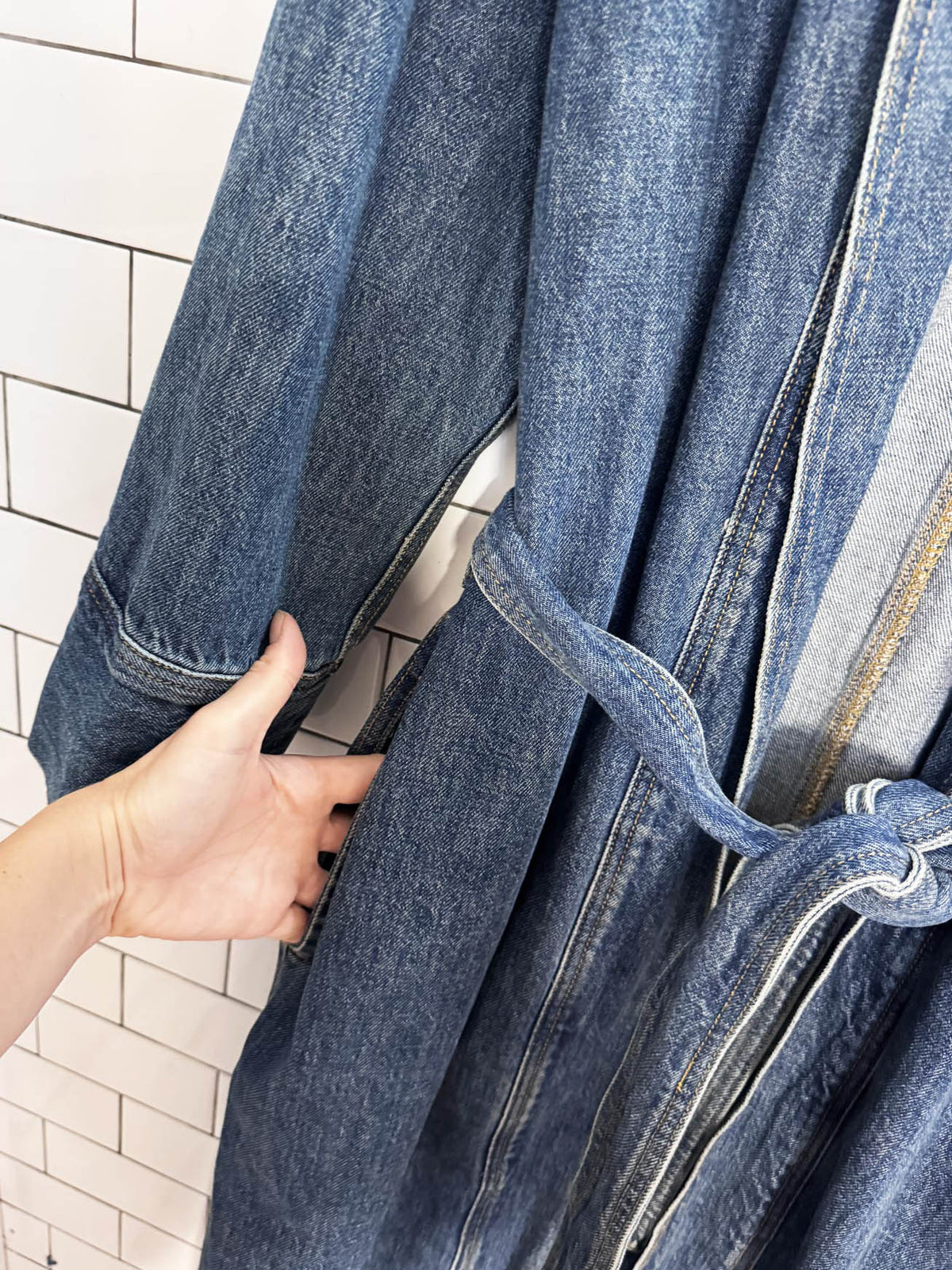 wilfred free colpa denim belted long jacket | aritzia