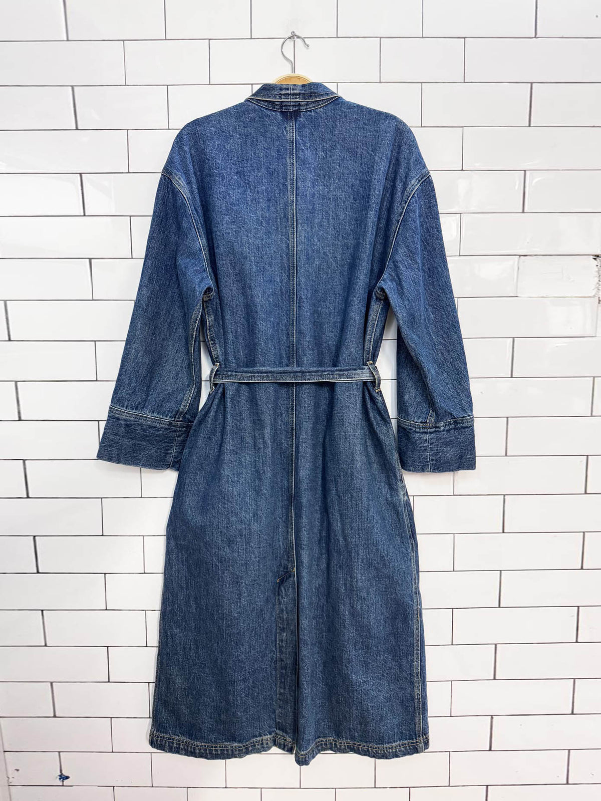wilfred free colpa denim belted long jacket | aritzia