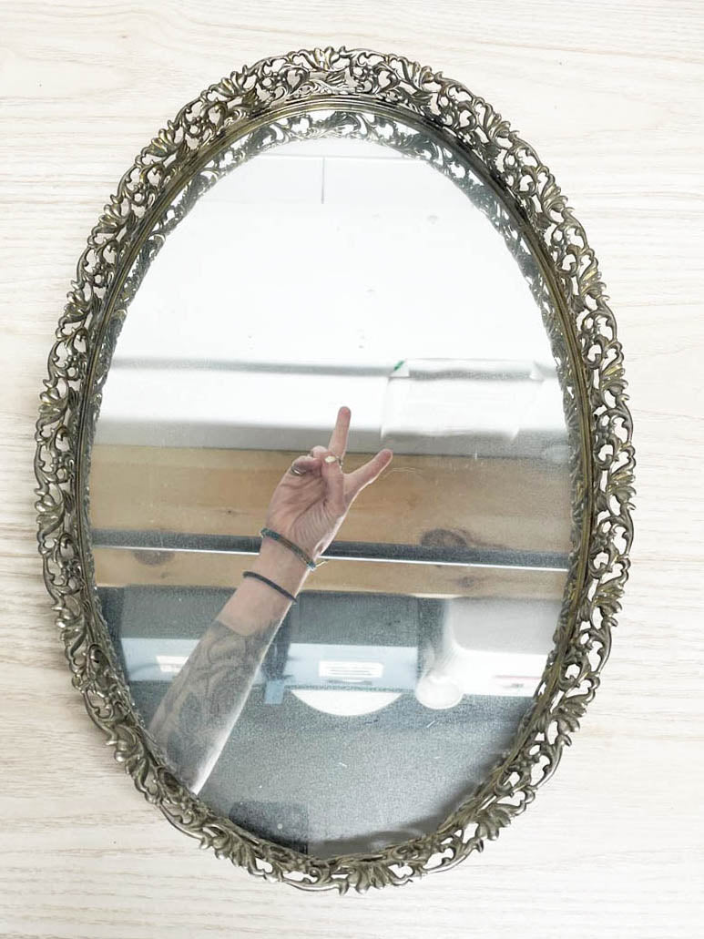 vintage brass framed ornate oval vanity mirror tray